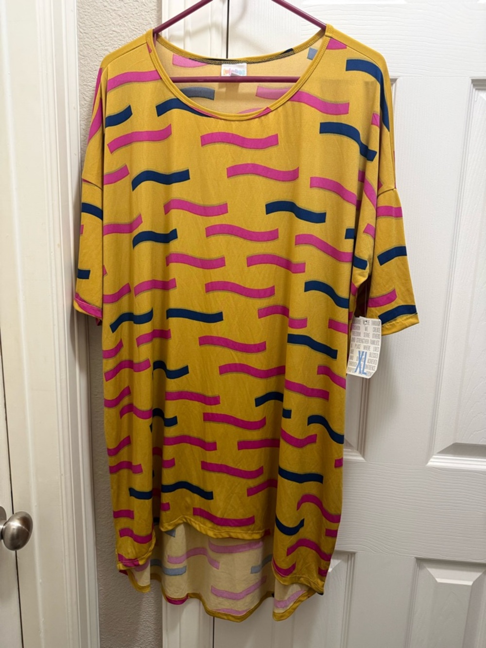 LuLaRoe Mustard Yellow Irma Tunic with Pink and Navy Wave Print